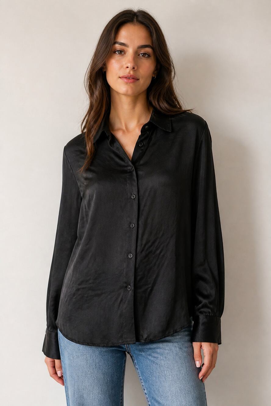 Zara Black Satin Button Down Shirt Size L